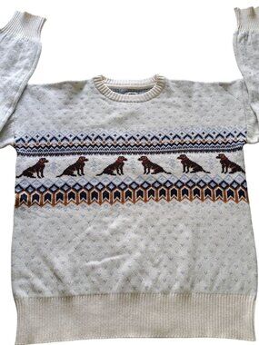 L.L.Bean Nastalgic Dog Pattern Cream Sweater M Cotton Wool Winter Knit Cabin